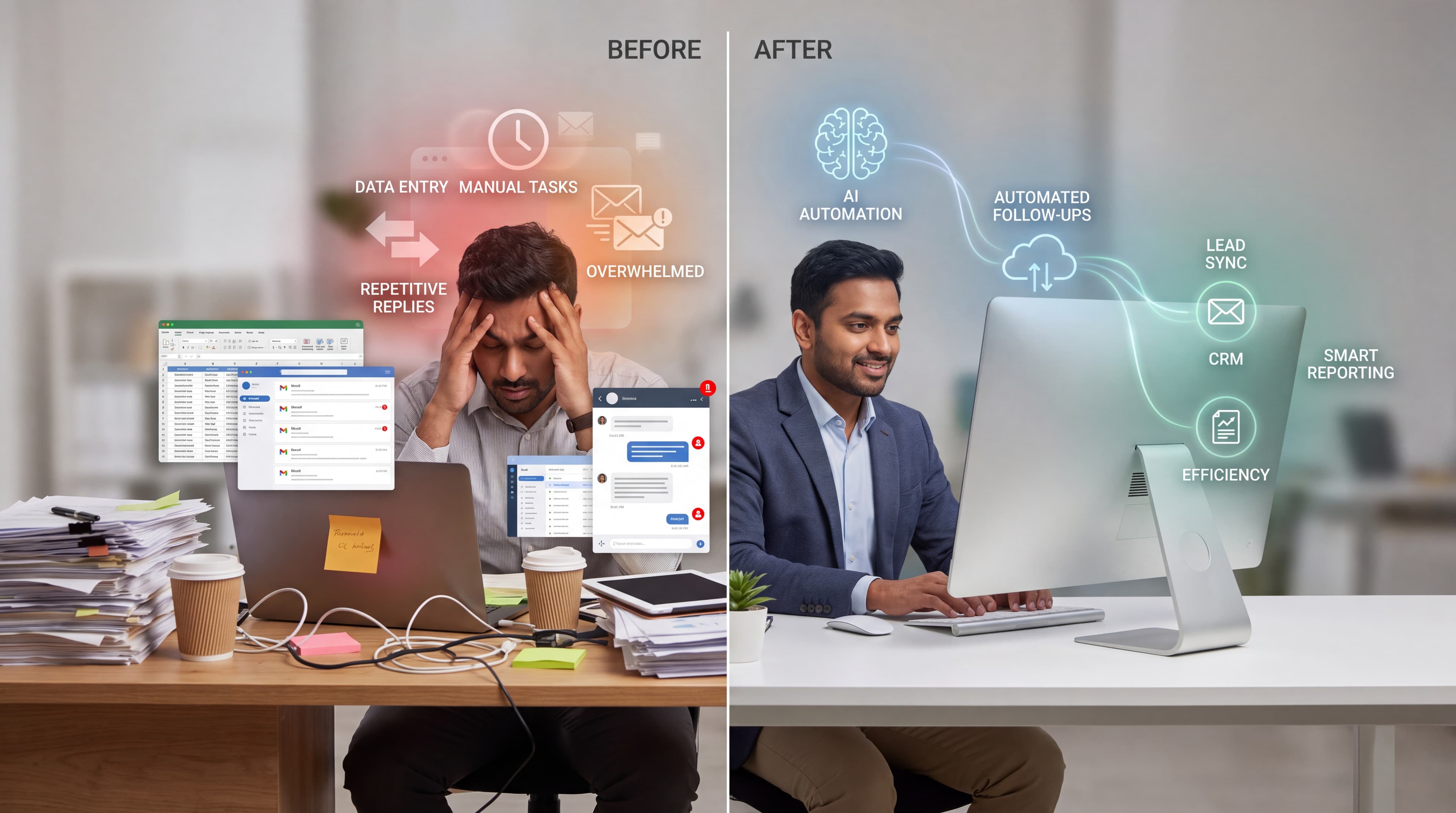 Before automation: an overwhelmed professional buried in manual tasks. After AI automation: the same work handled by CRM sync, automated follow-ups, and smart reporting.