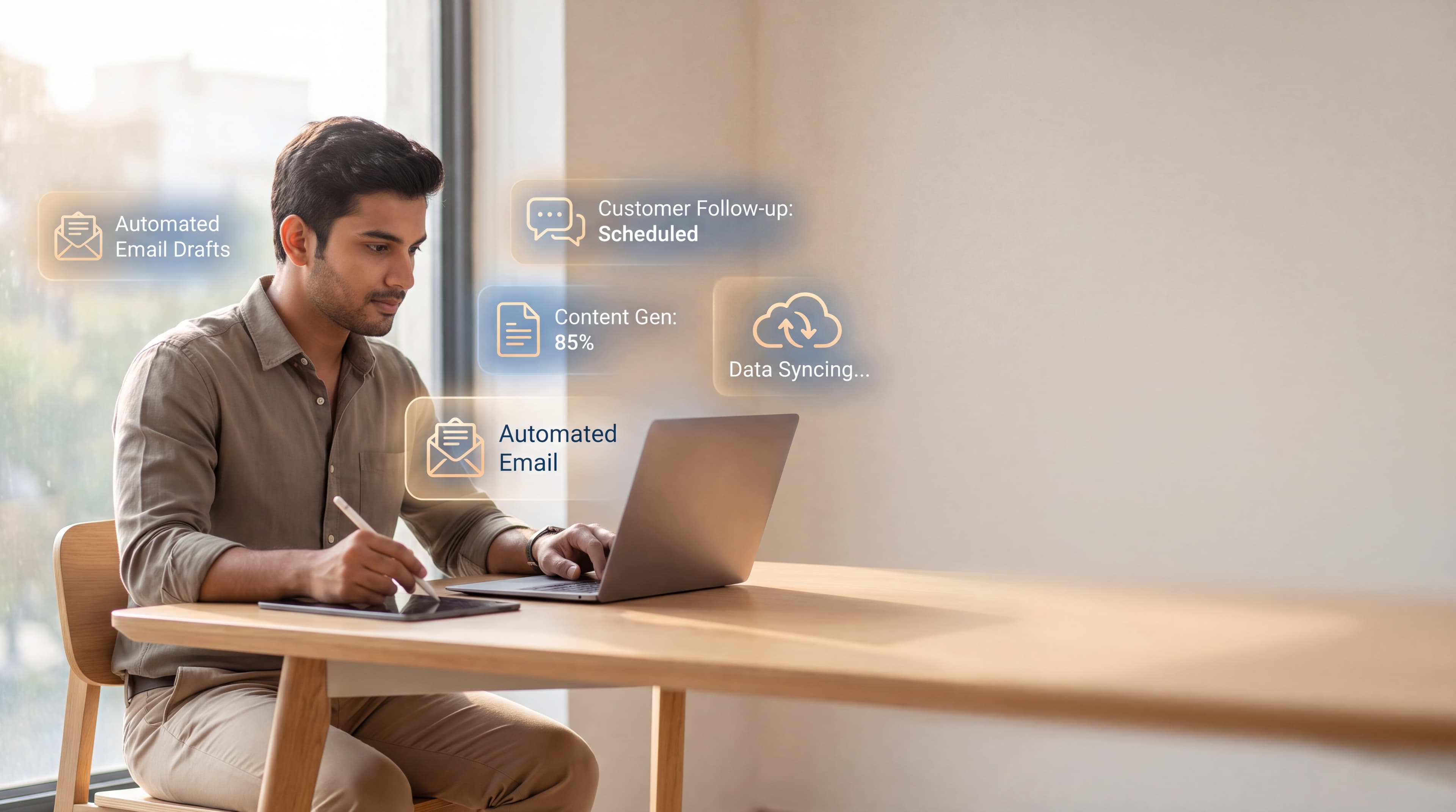 A professional working with AI-automated tools — automated email drafts, content generation, and data syncing running in the background.